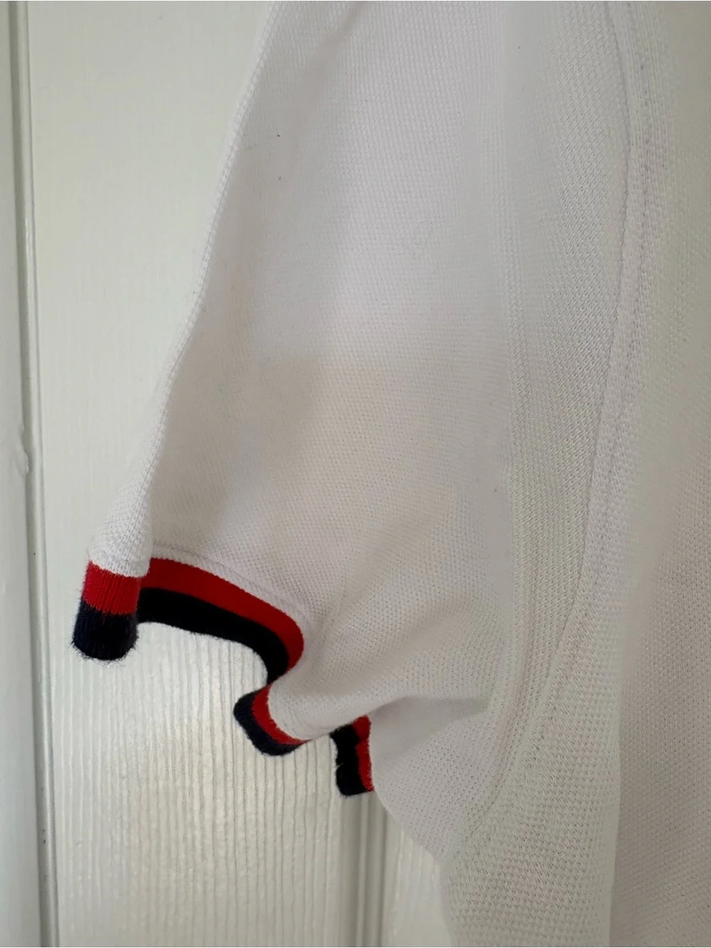 J. Crew White Polo with Red and Black Stripe Collar